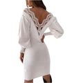 Ichaunyi Summer Dresses Clearance Women's Sexy Solid Lace V-Neck Backless Long-Sleeved Sheath Tight Mini Dress