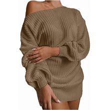 Fall Savings! 2023 Tuobarr Fall Midi Dresses For Women,Women Fashion Casual Off-The-Shoulder Lantern Sleeve Knit Sweater Dress Coffee 6