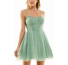 City Studios Juniors' Glitter-Tulle Ruched-Bodice Skater Dress, Created For Macy's - Sage/Silver - Size 1/2