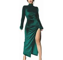 Dresses For Women Ladies Autumn Long Dress Long Sleeve Pleated Maxi Dress Side Slit Party Dress Green XXL