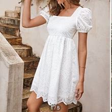 Shein Dresses | Square Neck Puff Sleeve Eyelet Babydoll Dress | Color: White | Size: L