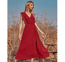 Women's Solid Color Sleeveless Pleated Ruffle Trim Maxi Dress