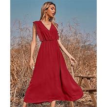 Women's Solid Color Sleeveless Pleated Ruffle Trim Maxi Dress