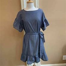 Eci Womens A Line Dress Blue Stripe Ruffle Pockets Self Tie Bell