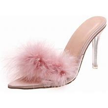 Lolmot Women's Pointed Toe High Heel Mule Sandals Fuzzy Heels Heels Wedding Bridal Party Dress Shoes Fur Fluffy Mules Slip On High Heels Sandals