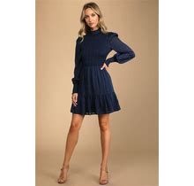 Navy Striped Smocked Long Sleeve Mini Dress | Womens | X-Small (Available In XXS) | 100% Polyester | Lulus Exclusive | Blue Dresses | Dresses