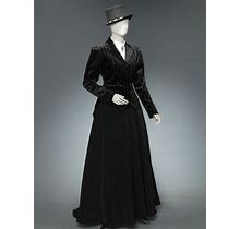 Black Victorian Edwardian 1900S Shirt Velvet Jacket And Skirt Dress 3PC Suit Vintage Steampunk Clothing (Size: S)