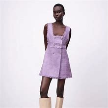 Zara Dresses | New Zara Lilac Rhinestone Button Front Sleeveless Tweed Mini Dress, L | Color: Purple | Size: L