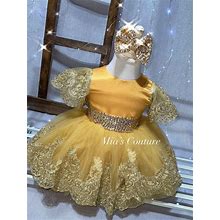 Yellow & Gold Lace Sequins Big Bow Vintage Style Beauty Pageant Dress