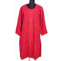 Antique Indian Kashmiri Peach Crewel Long Dress Tunic Handmade Embroidered Pure Wool Paisley Patterns And Flowers Buttons Vintage Red Kurta