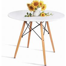 Round White Dining Kitchen Table Modern Leisure Table 31.5" With Wooden Legs For Office & Conference 2 To 4 People
