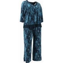 Carole Hochman Feather Jersey Pajama Set Chiffon Trim Teal Multi M NEW A381496