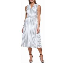 DKNY Belted Midi Fit & Flare Dress - White - Casual Dresses Size US 8 (M)
