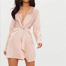 Prettylittlething Dresses | Nwot Pretty Little Things Satin Long Sleeve Wrap Mini Dress Size 2 | Color: Pink | Size: 2