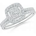 Composite Diamond Floating Cushion Halo Bridal Ring Set In 18K White Gold | G-H VS Grade 0.052 Carat Prong Set Round Diamond (2.3Mm)