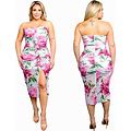 Plus Size White Floral Sheer Mesh Strapless Midi Dress Pink Ruched