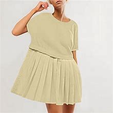 Hvyesh Travel Clothes Women Dresses, Women's Solid Patchwork Casual Short Sleeve Tops Loose Oversized Summer Mini Dress Khaki L