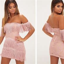 Prettylittlething Dresses | Prettylittlething Dusty Pink Bardot Tassel Lace Bodycon Dress Size 6 Fringe | Color: Pink | Size: 6