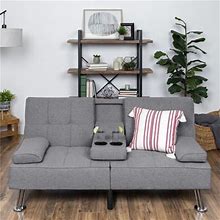 Best Choice Products Modern Linen Convertible Futon Sofa Bed W/ Removable Armrests, Metal Legs, Cupholders - Gray