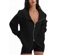 DEEP SELF Women's Zip Up Oversized Sweatshirts Long Sleeve Collared Casual Jacket 2024 Trendy Clothes With Pocket