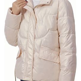 Solid Color Fashionable Puffer Jacket For Women, Thickened Warm Stand Collar Coat For Winter Outdoor, Women's Clothing,Beige,Trending,Temu