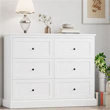 FOTOSOK White Dresser, 6 Drawer Dresser White, Modern Double Chest With Deep Drawers, Wide Storage Organizer Cabinet For Living Room Home
