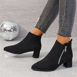 Women's Chunky Heel Short Boots, Casual Point Toe Side Zipper Boots, Comfortable Ankle Boots,Black,Reliable,Temu