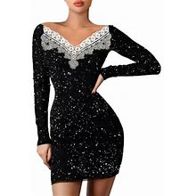 Haxmnou Christmas Party Dresses For Women Fashion Glitter Split Hems Contrast Mesh Dress Deep V Neck Long Sleeve Party Dress Holiday Party Dress White