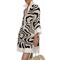 Uoozee Female Zebra-Stripe Printed Lapel Elegant Party Evening Short Dress Long Sleeve Mini Dresses S