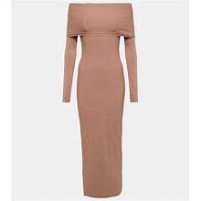 Alaia, Off-Shoulder Jersey Midi Dress, Women, Beige, US 6, Dresses, Materialmix