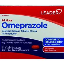 Leader Omeprazole Treats Frequent Heartburn Acid Reducer 20 Mg, 14 Tablets