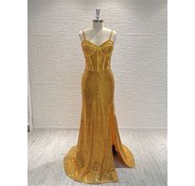 2024 Sheath Sequins Corset Spaghetti Straps Gold Long Prom Dress