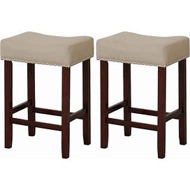 25 in. Beige Backless Wood Bar Stool Counter Height Saddle Kitchen Chairs With Wooden Legs Set Of 2