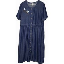 Blair Dresses | Blair Dark Denim Button Front Dress Sz Xl Cotton Embroidered Blue Birds Pockets | Color: Blue | Size: Xl