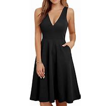 HOMEYEE Women's Deep V Neck Casual Cocktail Skater Dress With Pockets A293