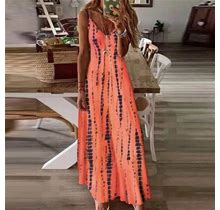 Ovticza Western Dress For Women Swing Floral Maxi Dress Plus Size V Neck Sleeveless Long Dress A Line Womens Sundresses Orange 3X