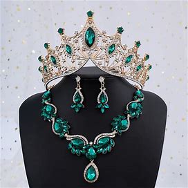 Noble Rhinestone Accessories Set Including Shiny Crown Necklace Earrings For Women Girls Bridal Wedding Dress, Dress For,Green,Must-Have,Temu