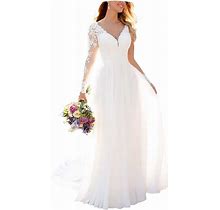 Fanciest Women's Lace Chiffon Beach Wedding Dresses For Bride 2024 With Sleeves Long Bridal Gown