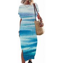 Finelylove Woman Petite Dresses Cocktail Dress Slit Neck Solid Short Sleeve Maxi Sky Blue