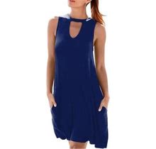 Womens Summer Beach Dresses Crewneck Cutout Trendy Sundress Solid Color Casual Loose Flowy Mini Tank Dress With Pockets (X-Large, Dark Blue)