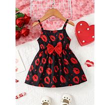 1Pc Baby Girl Cute Lip Printed Sleeveless Dress With Straps, Spring And Summer,2-3Y