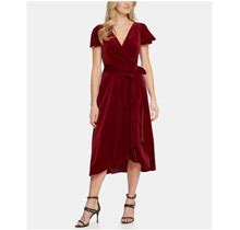 Dkny Womens Red Belted Zippered Velvet Cap Sleeve V Neck Tea-Length Evening Empire Waist Dress 10