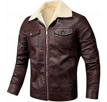 Lilgiuy Men's Plus Velvet Padded Lapel Casual Zipper Side Seam Pocket Jacket Leather Jacket
