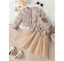 Young Girls' Stylish Floral Jacquard Mesh Puff Dress And Long Sleeve Jacket Set For Fall/Winter,7Y