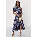 Navy Floral One-Shoulder High-Low Dress | Womens | Small | 100% Polyester | Lulus
