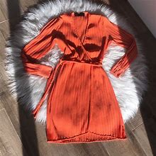Blessed Are The Meek Dresses | Blessed Are The Meek Pleated Wrap Dress, Slit Long Sleeve, Tangerine, Size2 | Color: Tan | Size: 2