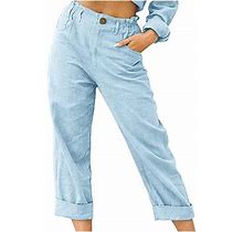Itsun Pants For Womens,Women's Pants,Women Summer High Waisted Casual Solid Color Pant Buttons Elastic Waist Straight Pants With Pockets Sky Blue 4
