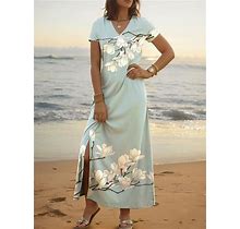 Women's Casual Dress Floral Print V Neck Split Sleeve Long Dress Maxi Dress Date Short Sleeve Summer