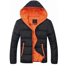 Realikun Men's Hooded Quilted Jacket, Men's Winter Coats Color Contrast Thickened Jacket With Full Zip Black XXL