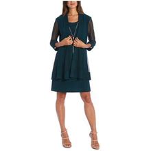 R&M Richards Womens Green Stretch Textured Sheer Open Front 3/4 Sleeve Scoop Neck Above The Knee Evening Sheath Dress Petites 4P